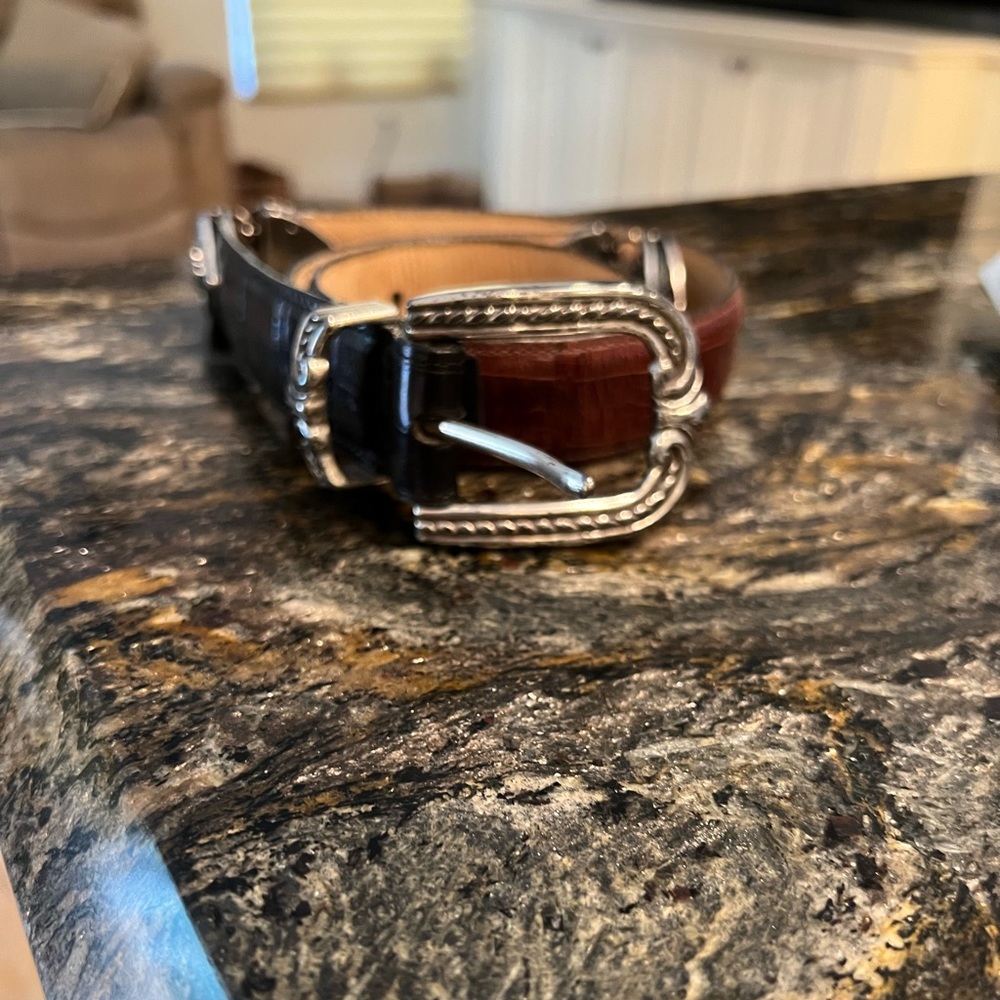 Black/ brown with silver trim belt. Fits me I'm a 26. Silver slightly tarnished